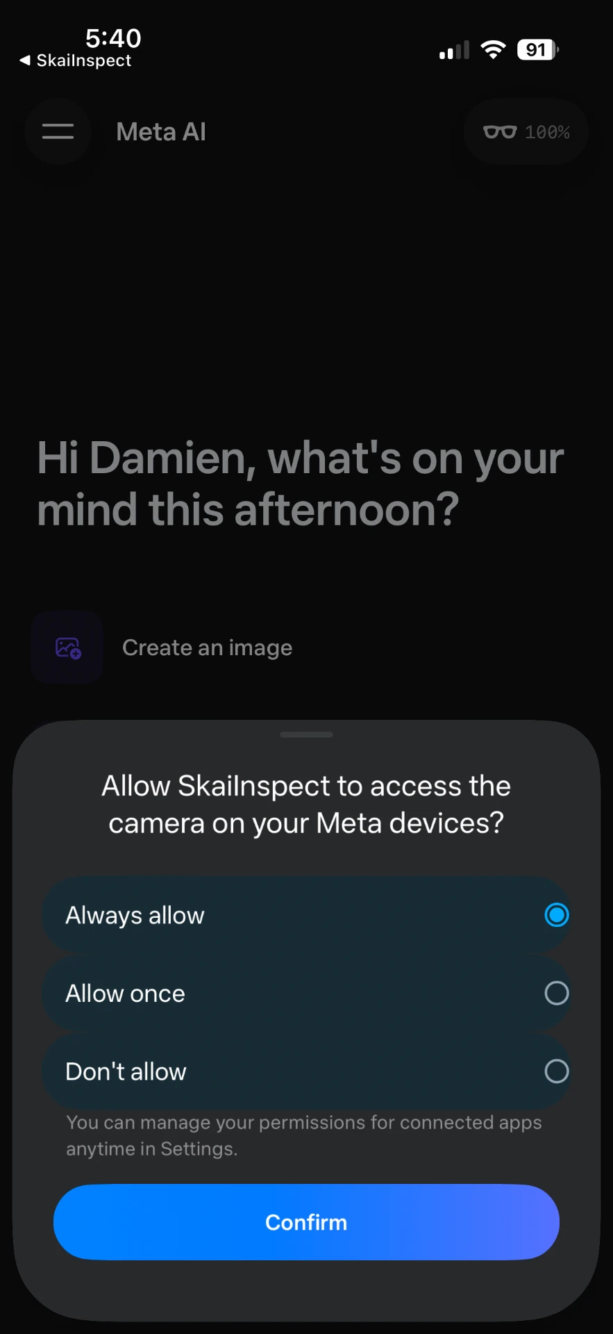 Meta AI app asking to allow SkaiInspect to access the camera on Meta devices, with Always allow selected