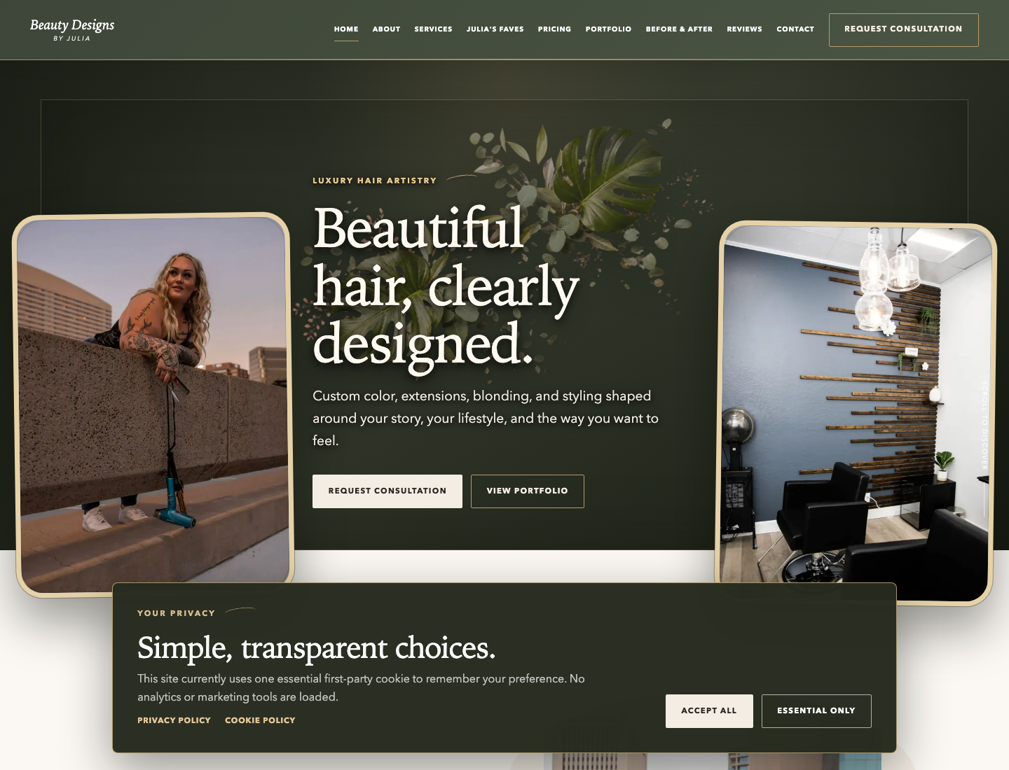 Beauty Designs by Julia website homepage on desktop and mobile
