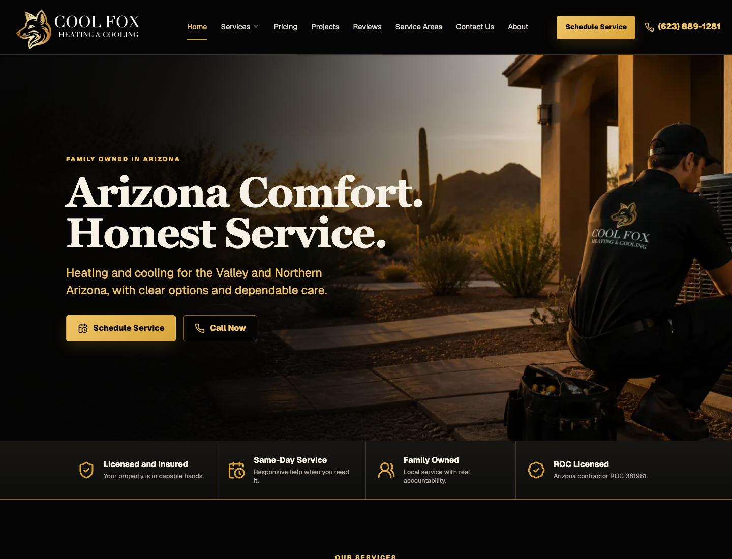 Cool Fox Heating and Cooling website homepage on desktop and mobile