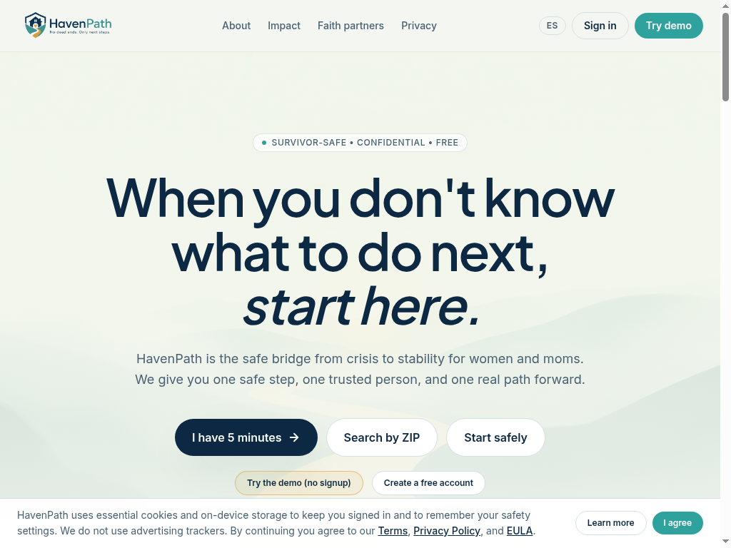 The Haven Path live website screenshot